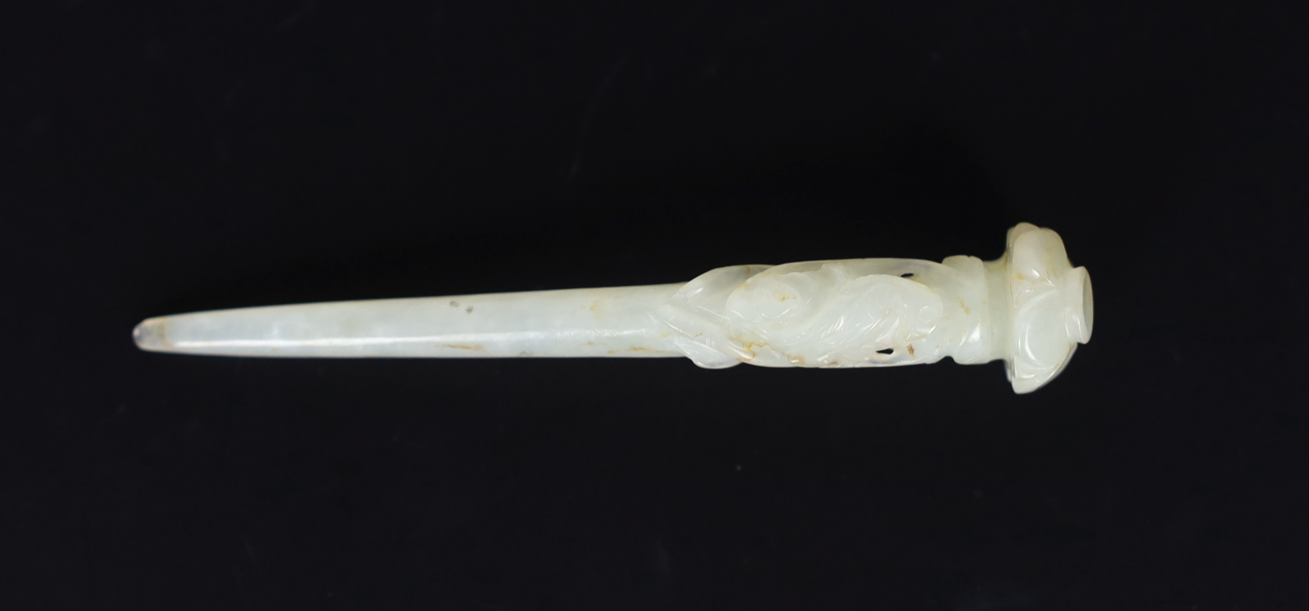 A Chinese pale celadon jade hair pin, Qing dynasty, probably shortened, Please note this lot attracts an additional import tax of 5% on the hammer price